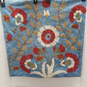 2 Pottery Barn Pillow Cover Sham Floral Blue Red Cream Embroidered Bibiana